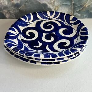 Mariposa Mykonos Ceramic Dinner Plates Set of 3 12" Blue Swirl Handmade In Italy